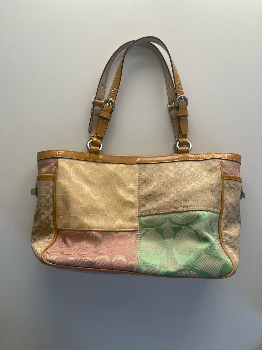 Coach Rare Y2K Signature Multi Color Pastel Patch Work Medium tote Bag